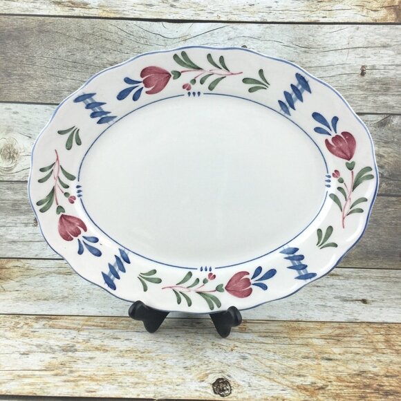 NIKKO Provincial Designs AVONDALE Red Flowers Blue Trim White 12" Oval Platter - Picture 1 of 6
